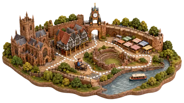 Illustrated one-day Chester itinerary route with city landmarks, walls, river and market