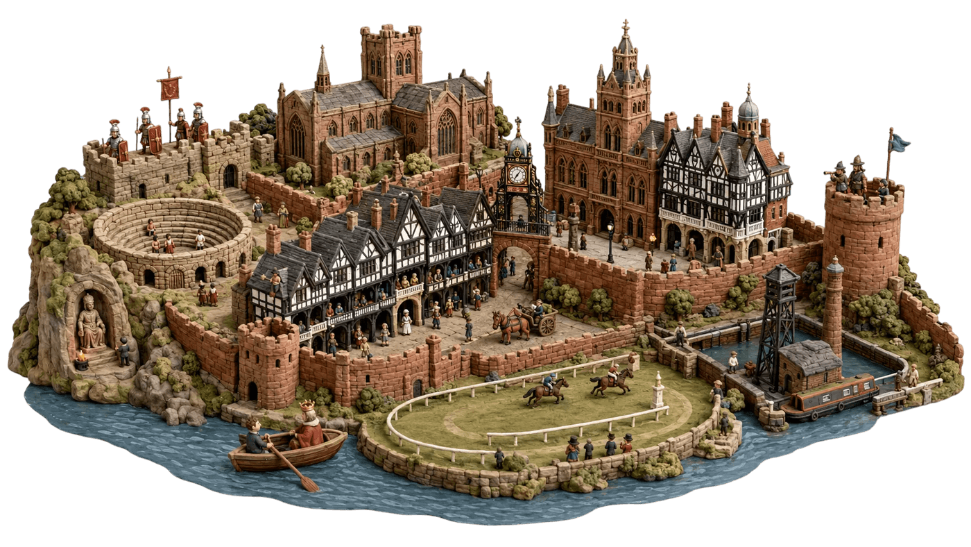 An illustrated timeline-style view of Chester history with Roman, medieval and Victorian details