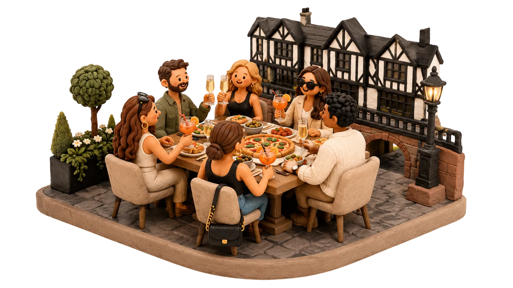 Clay-style Chester bottomless brunch scene with cocktails, pizza and timber-framed buildings