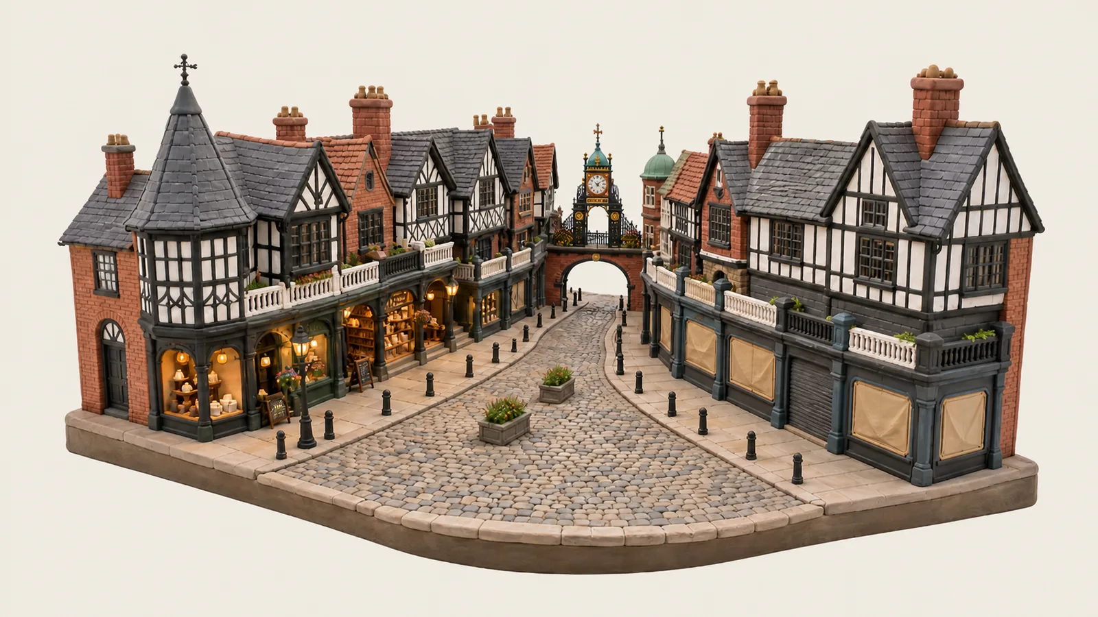 An illustrated view of Chester's high street with empty shopfronts and historic buildings
