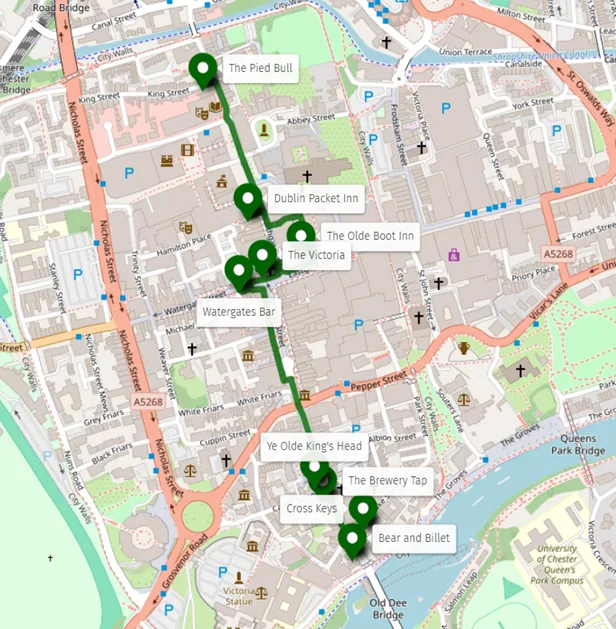 Map of the historic pub walk route through Chester