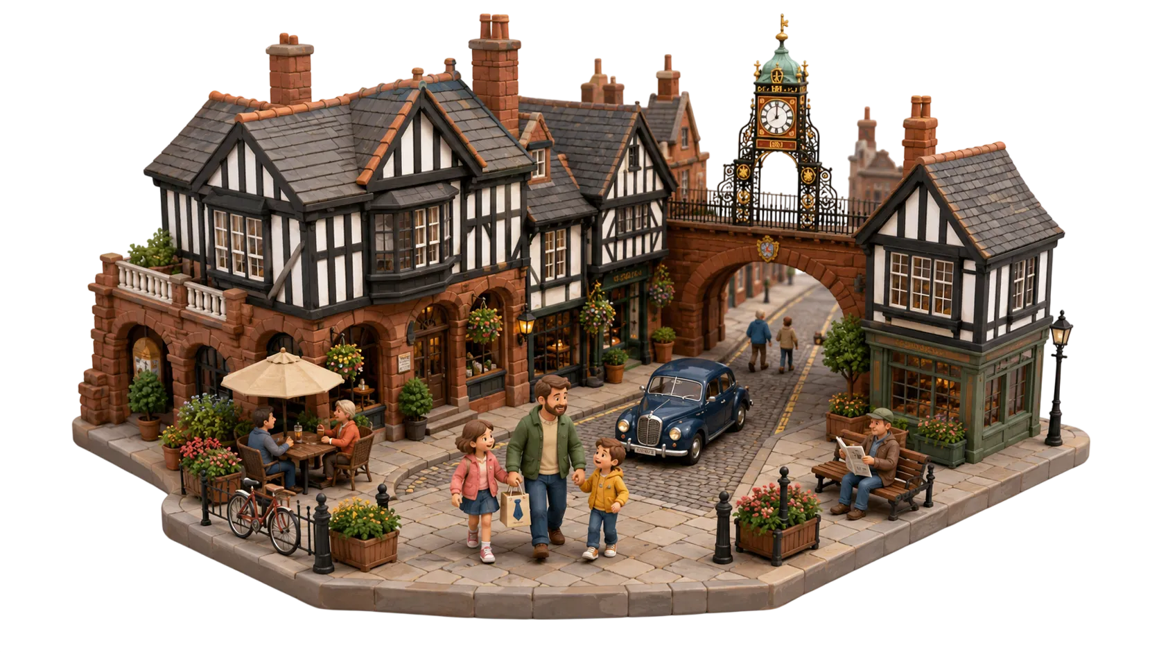 Illustrated Father's Day scene in Chester with Eastgate Clock and a family walking through the city
