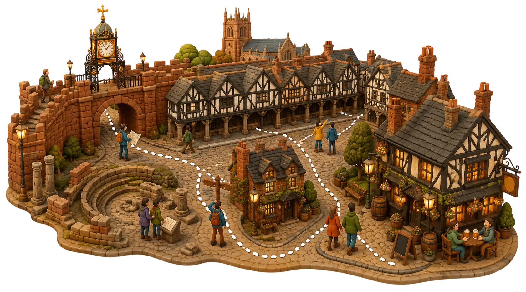 Illustrated historic pub walk map through Chester