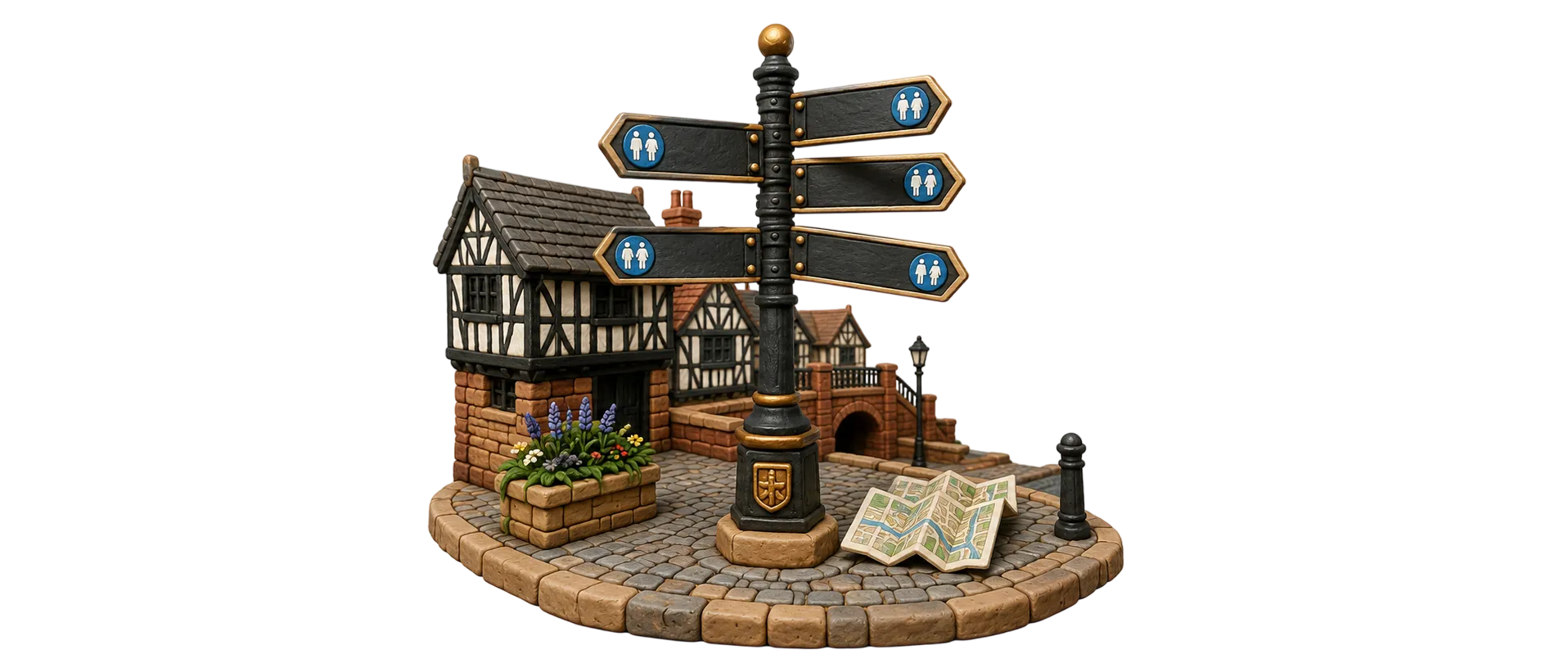 Illustrated Chester signpost pointing towards public toilets