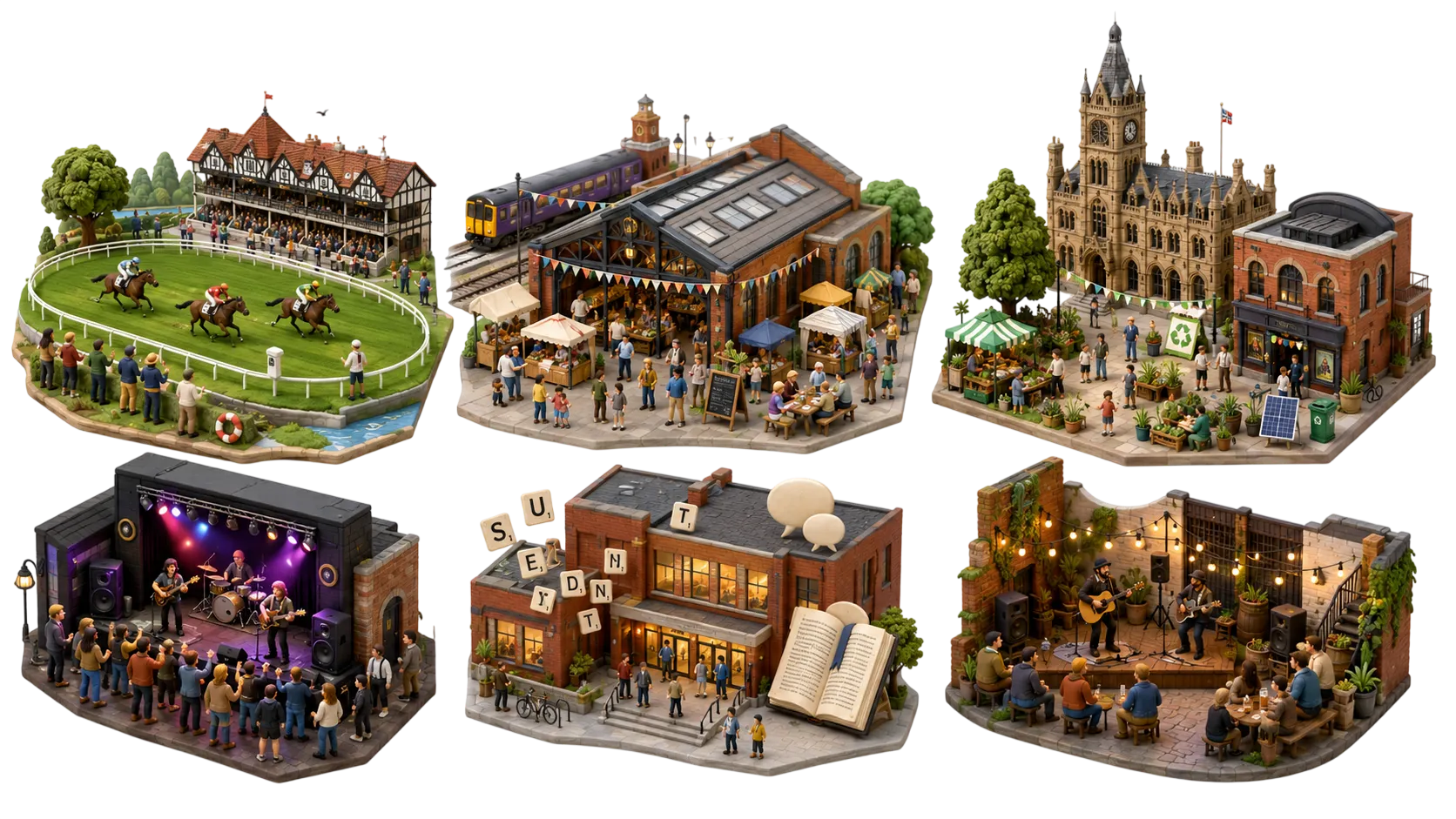 Illustrated Chester weekend scene with racing, market stalls, live music and Storyhouse