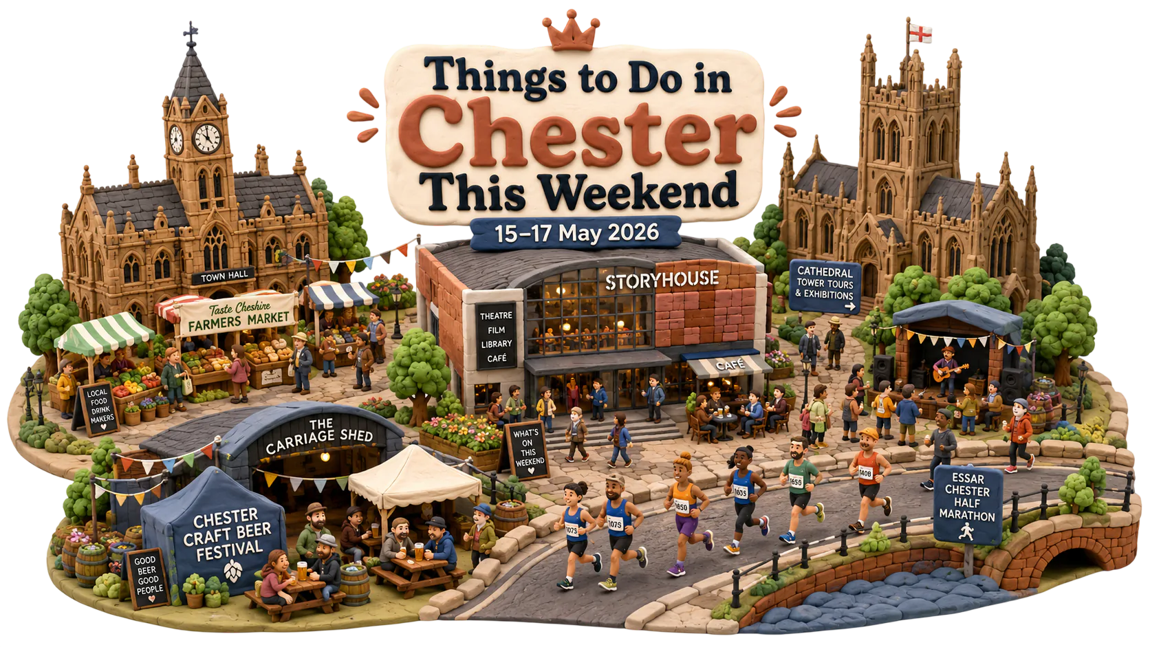 Illustrated Chester weekend events scene for 15 to 17 May 2026